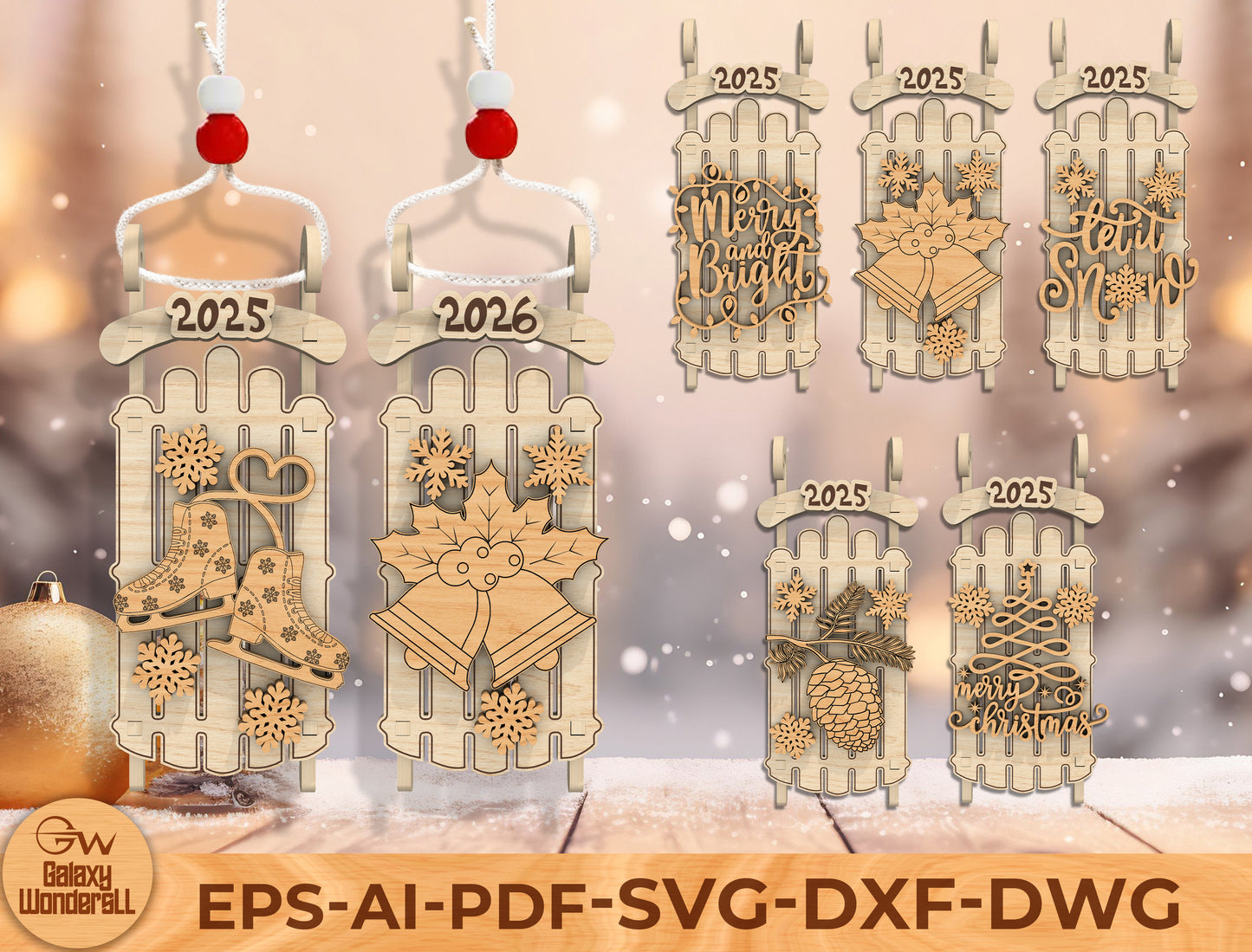 Christmas Sled Ornament Laser Cut File | Ready to Cut | Glowforge, xTool, LightBurn, etc.