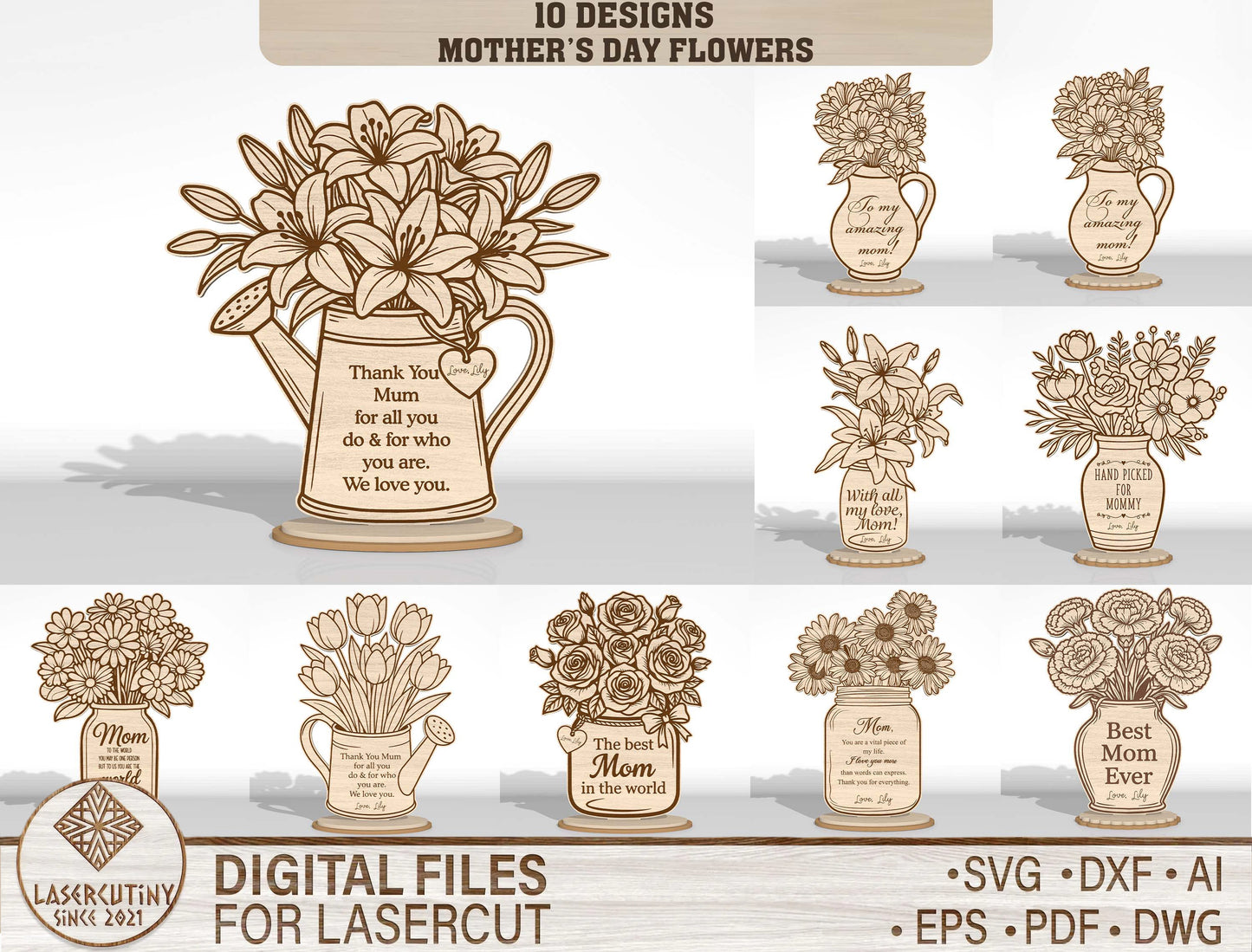 Mother's Day Flower Vase Decor Bundle SVG Laser Cut File for Glowforge and LightBurn