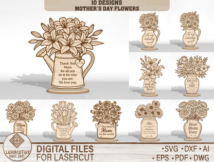Mother's Day Flower Vase Decor Bundle SVG Laser Cut File for Glowforge and LightBurn