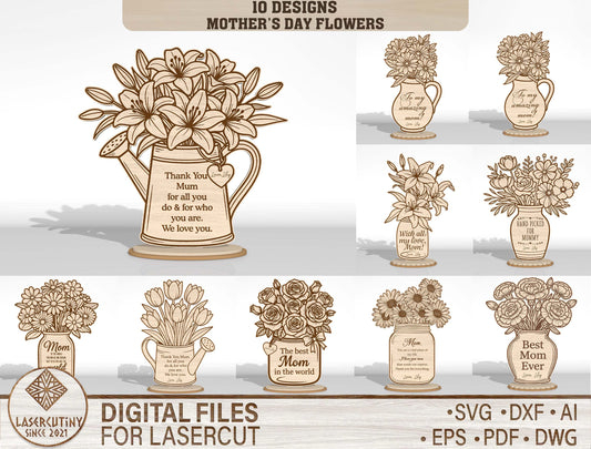Mother's Day Flower Vase Decor Bundle SVG Laser Cut File for Glowforge and LightBurn