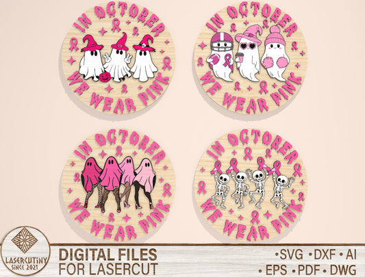 In October We Wear Pink Door Hanger SVG Bundle Laser Cut File | 4 Breast Cancer Awareness Designs | Wooden Round Decor | Glowforge, xTool, LightBurn, etc.
