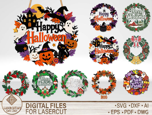 Holiday Wreath SVG Bundle 9 Designs for Glowforge xTool LightBurn