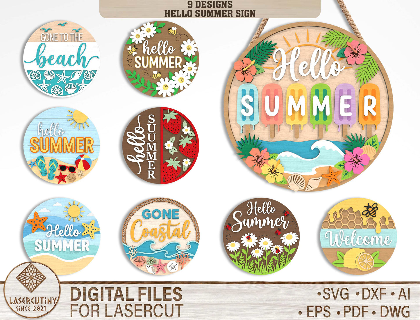Hello Summer Sign Bundle SVG Laser Cut File for Glowforge and LightBurn