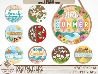 Hello Summer Sign Bundle SVG Laser Cut File for Glowforge and LightBurn