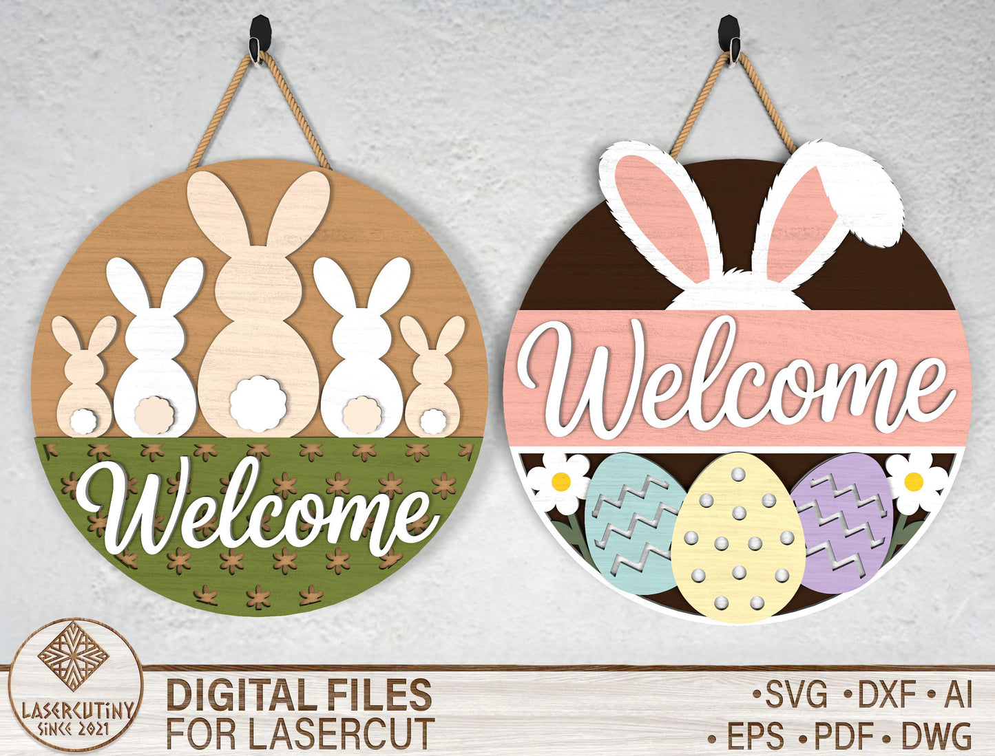 Easter Bunny Silhouette Door Sign SVG Welcome Spring Pastel Egg for LightBurn