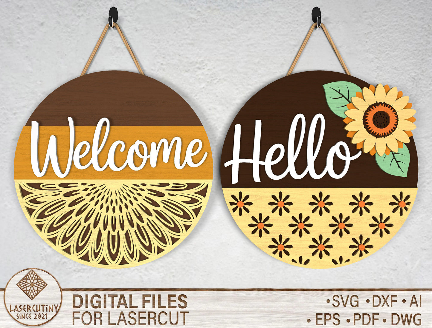 Sunflower Welcome and Hello Round Sign SVG for Glowforge and xTool
