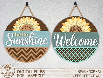 Hello Sunshine Sunflower Sign SVG Laser Cut File for LightBurn and Glowforge