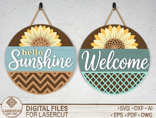 Hello Sunshine Sunflower Sign SVG Laser Cut File for LightBurn and Glowforge