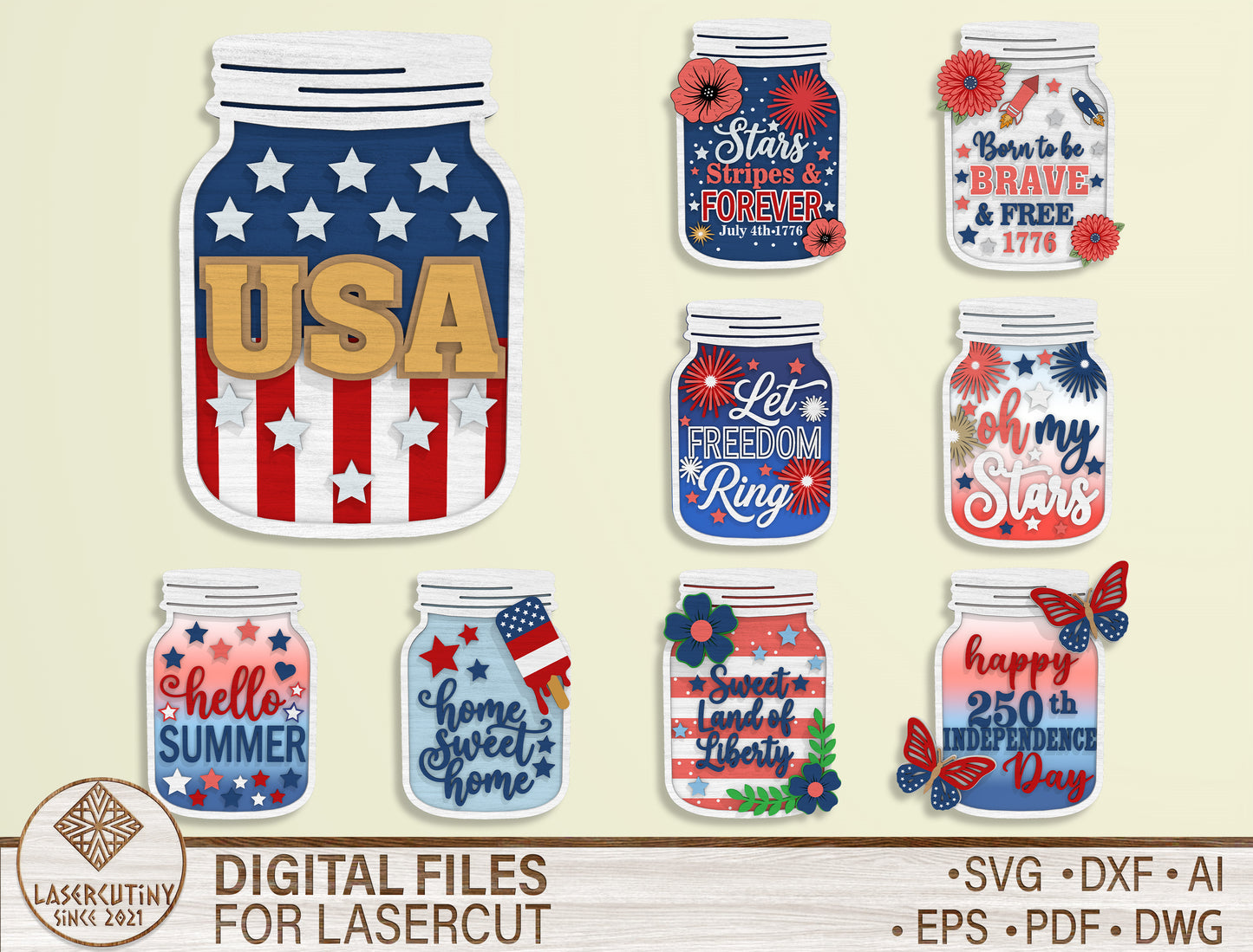 4th of July Mason Jar Laser Cut SVG Bundle for Glowforge