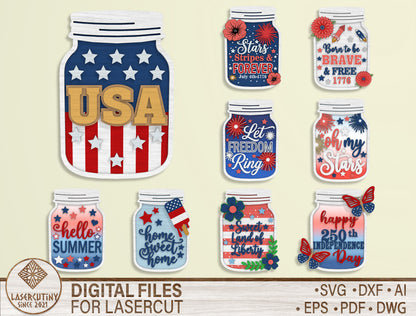 4th of July Mason Jar Laser Cut SVG Bundle for Glowforge
