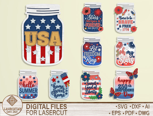 4th of July Mason Jar Laser Cut SVG Bundle for Glowforge