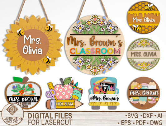 Personalized Teacher Sunflower Classroom Sign SVG Bundle Laser Cut File for Glowforge