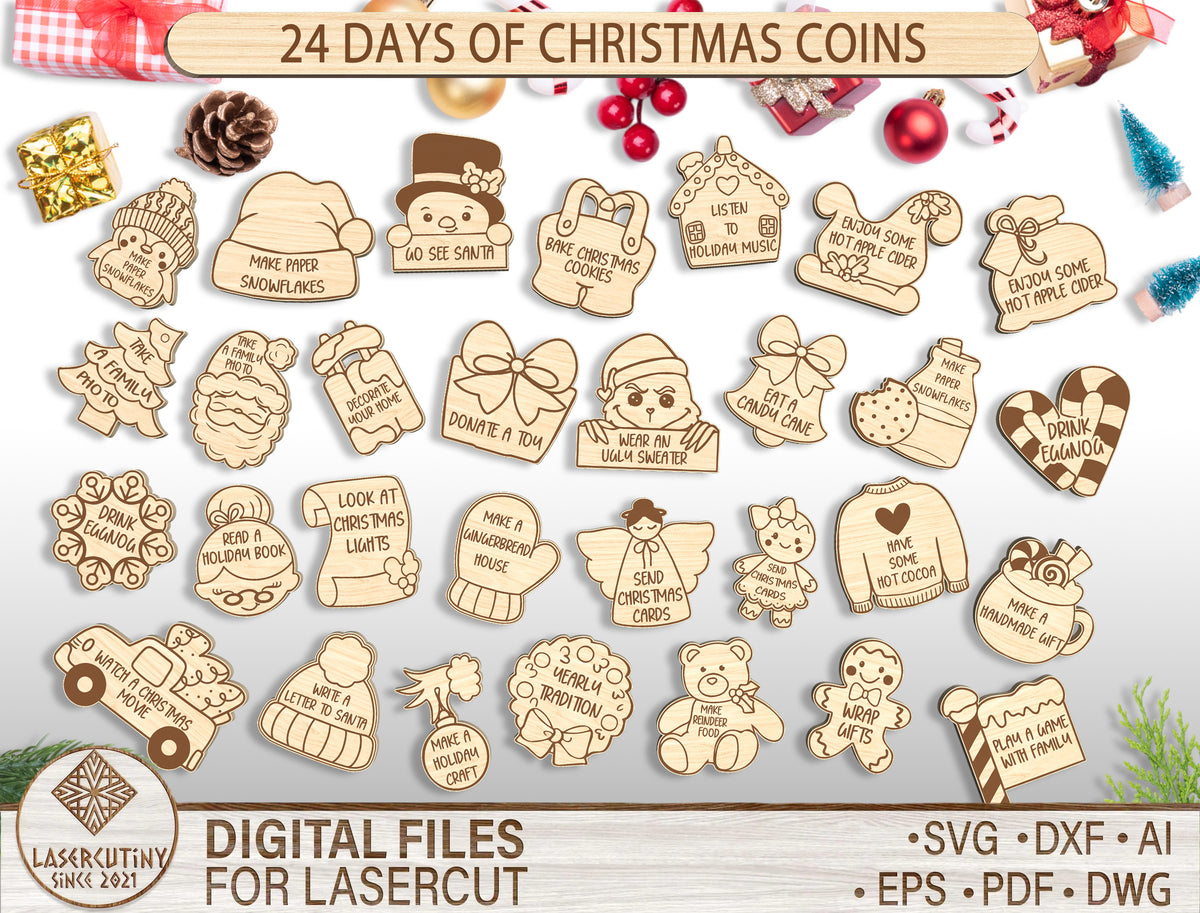 Christmas Advent Coins SVG Bundle 24 Countdown Activity Tokens