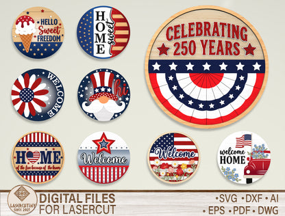 Patriotic Round Sign SVG Bundle Laser Cut File for Glowforge