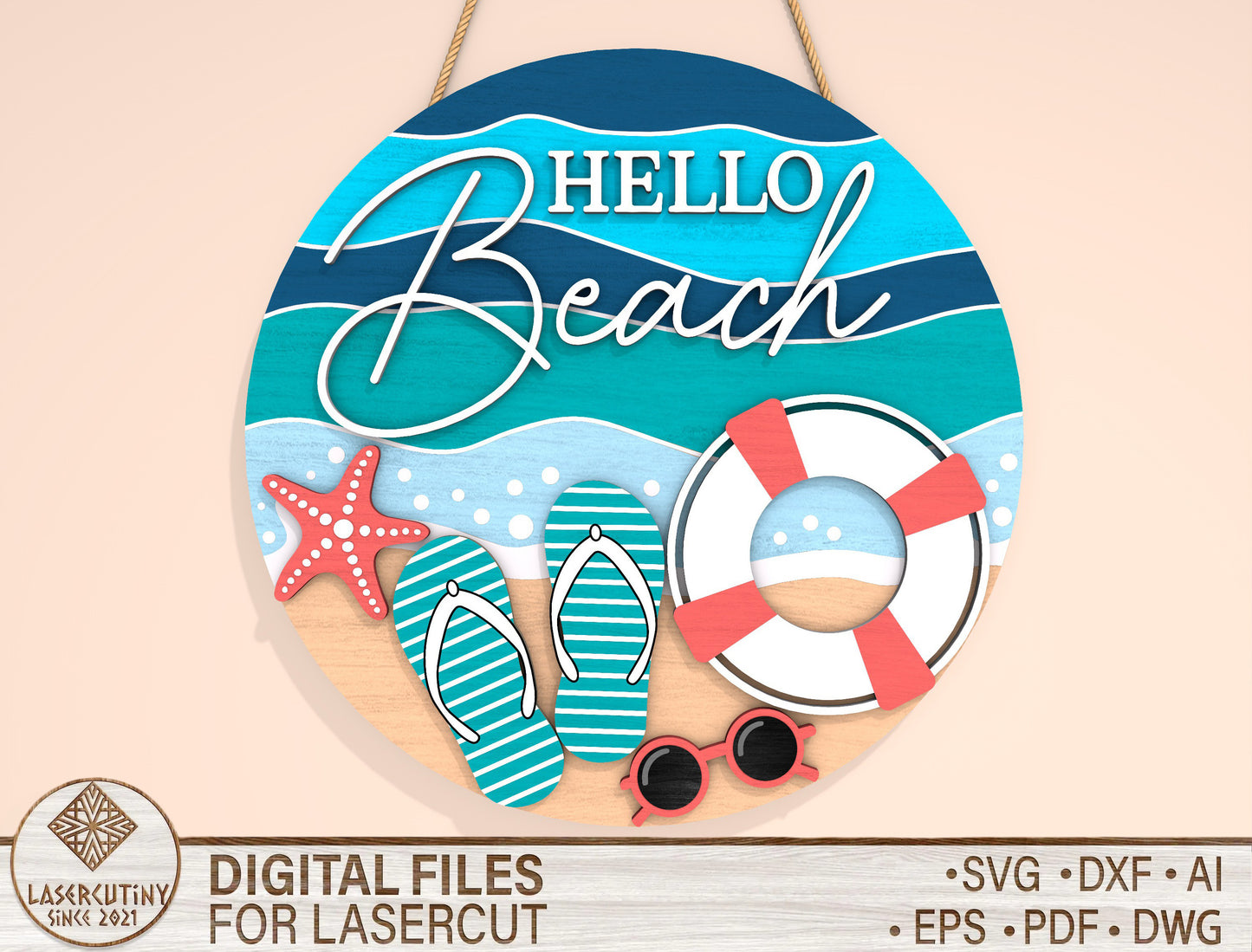 “Hello Beach” Door Sign SVG Laser Cut File for xTool and Glowforge
