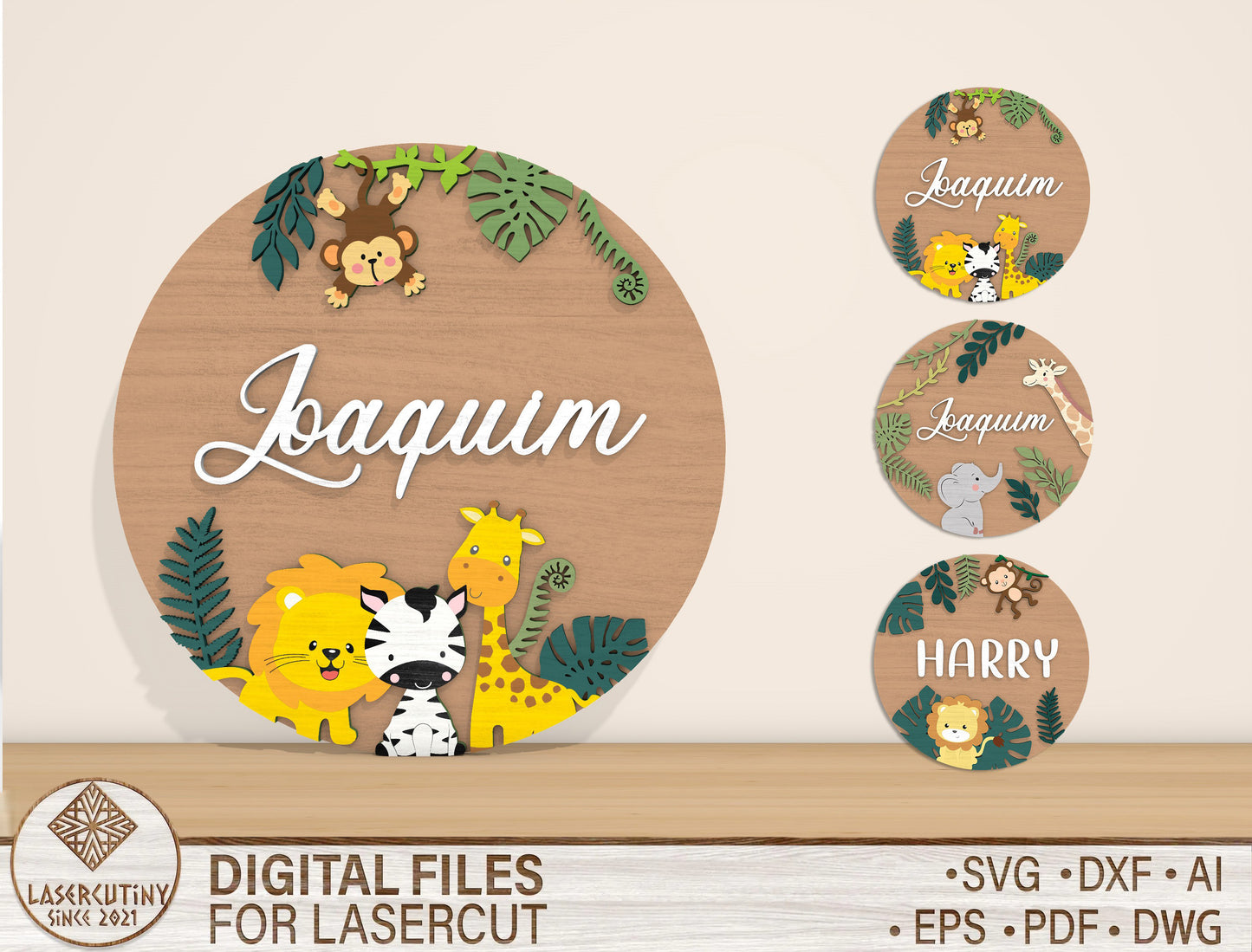 Personalized Jungle Nursery Name Sign SVG for Glowforge and LightBurn
