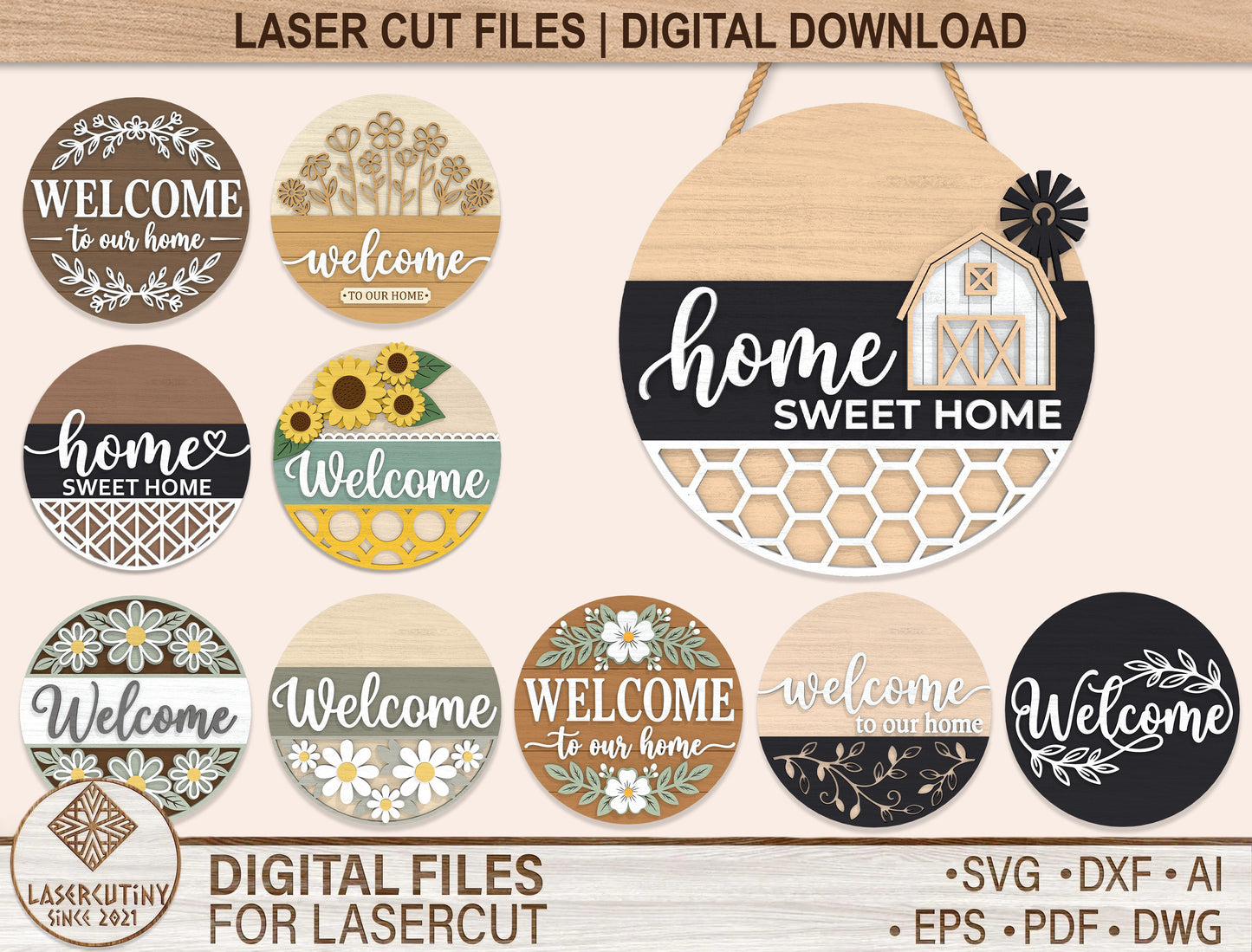 Floral Welcome Door Hanger SVG Bundle 10 Designs for Glowforge and xTool
