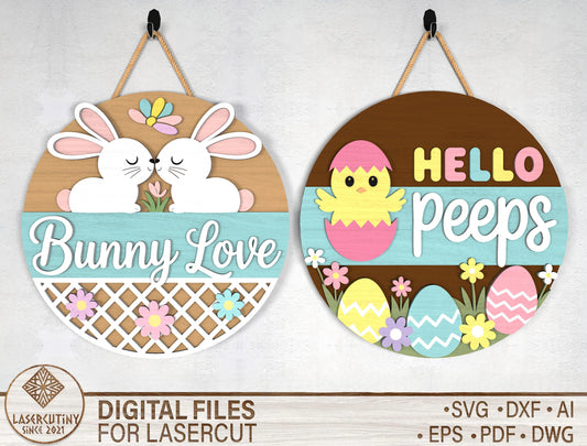 Bunny Love Easter Door Sign SVG Hello Peeps Cute Kawaii for Glowforge and xTool