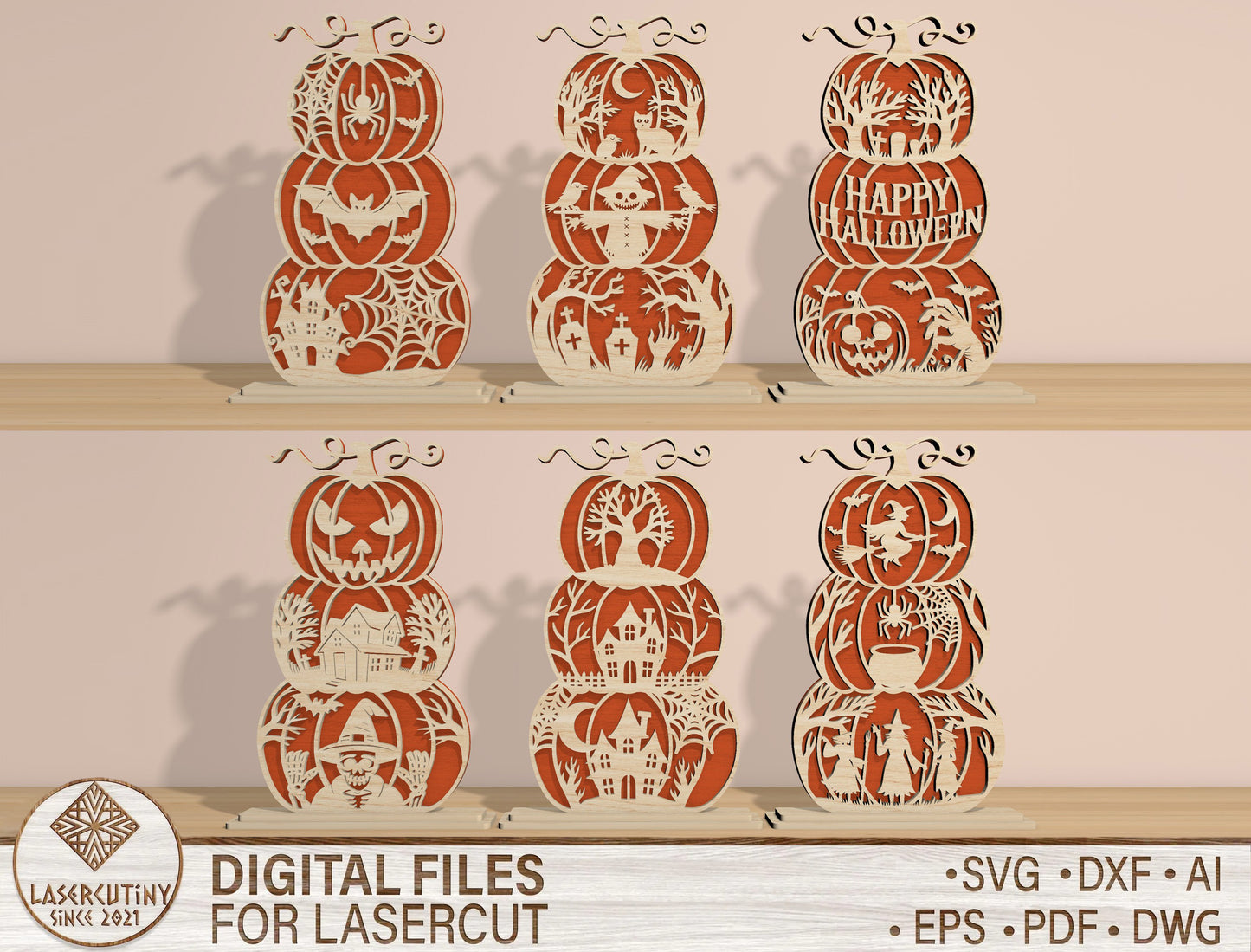 Halloween Stacked Pumpkins SVG Bundle for Glowforge xTool LightBurn 6 Designs