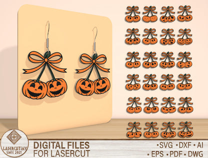 Halloween Pumpkin Bow Earrings SVG Laser Cut File for Glowforge Users