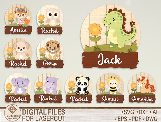 Personalized Cute Animal Name Sign SVG for Glowforge and LightBurn