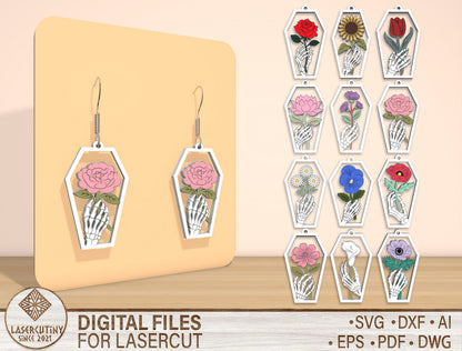 Skeleton Floral Earrings SVG Bundle for Glowforge xTool LightBurn 12 Designs