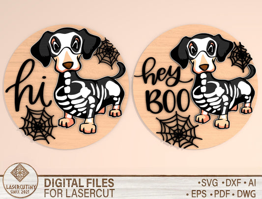 Hi Hey Boo Skeleton Dachshund Halloween Door Hanger SVG Set for Glowforge xTool LightBurn 2 Designs