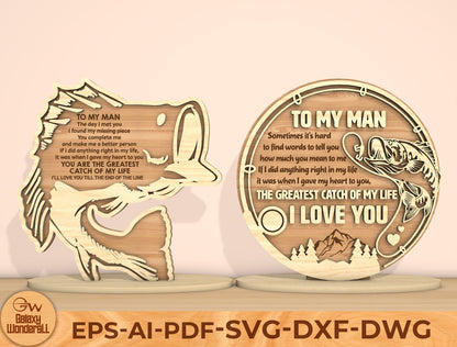 To My Man Fishing Laser Cut File Set | Romantic Fishing Quote Decor | Rustic Wooden Gift | Glowforge, xTool, LightBurn, etc.