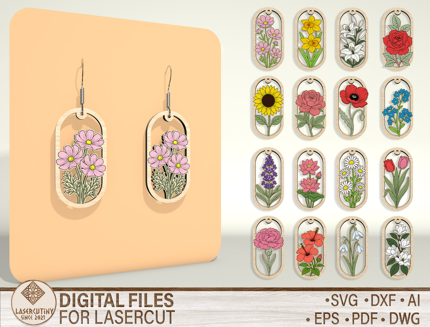Oval Wooden Floral Dangle Earrings SVG Bundle for xTool and Glowforge