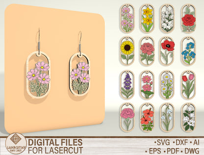 Oval Wooden Floral Dangle Earrings SVG Bundle for xTool and Glowforge