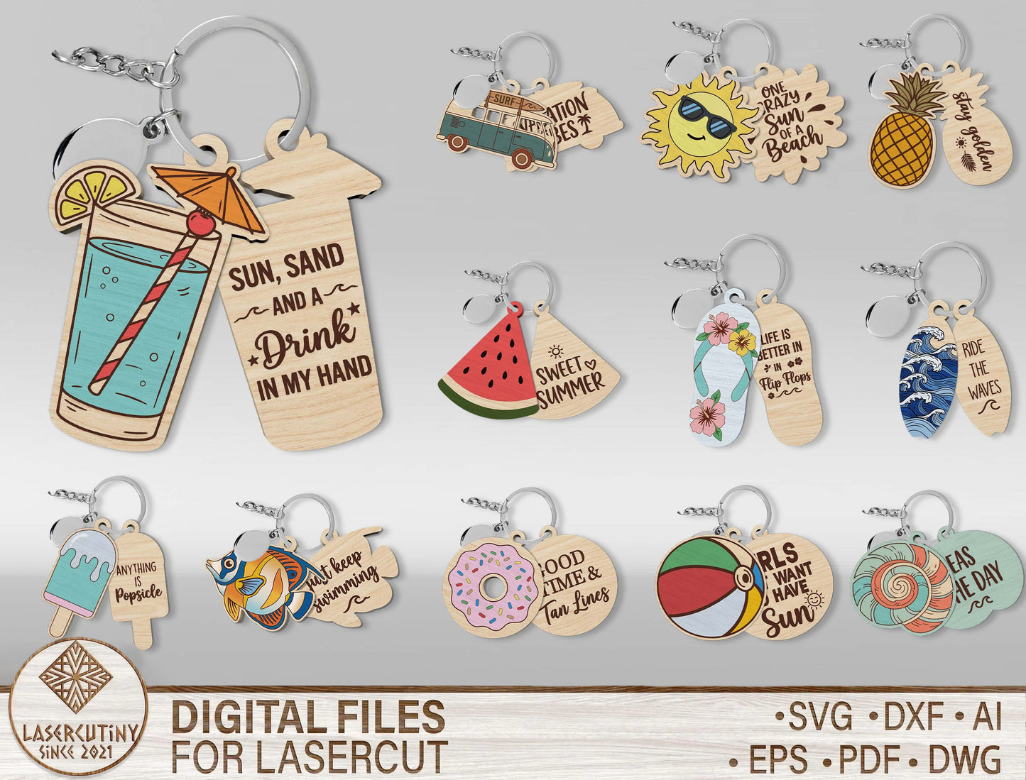 Summer Beach Keychain SVG Bundle Laser Cut File for Glowforge and xTool