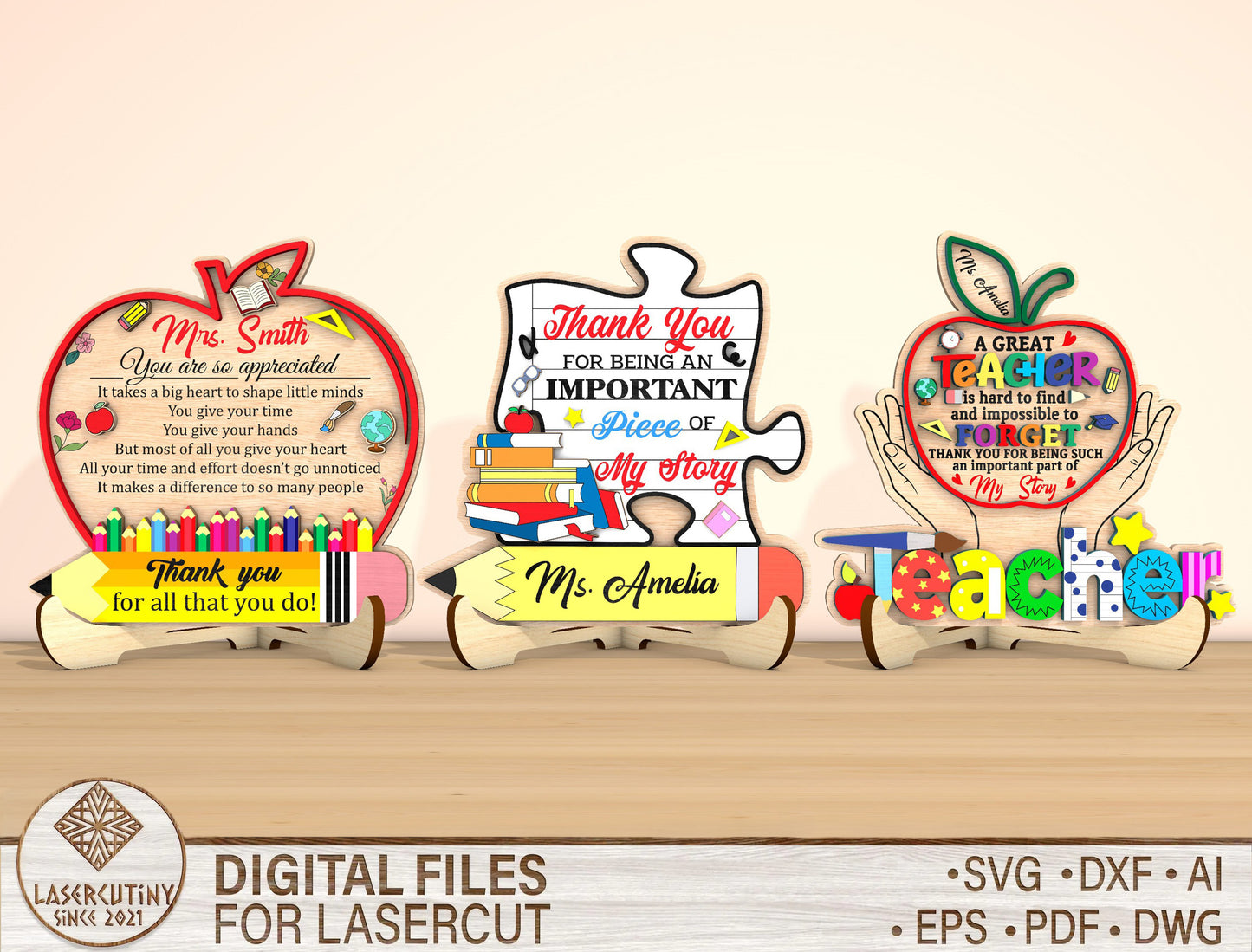 Teacher Appreciation Tabletop Sign SVG Bundle Laser Cut File for Glowforge and LightBurn