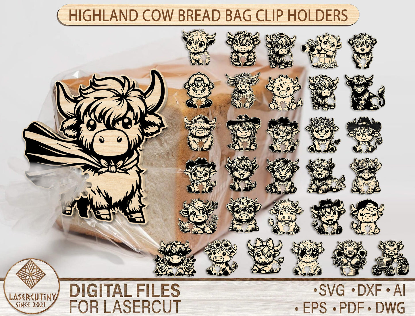 Highland Cow Bread Bag Clip Holders SVG Bundle Laser Cut File