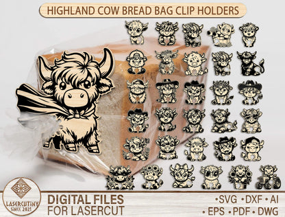 Highland Cow Bread Bag Clip Holders SVG Bundle Laser Cut File
