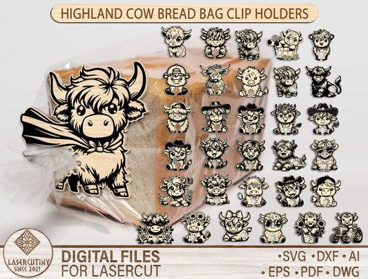 Highland Cow Bread Bag Clip Holders SVG Bundle Laser Cut File