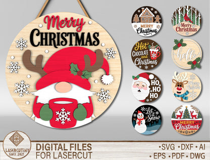 Christmas Door Hanger SVG Bundle 9 Gnome Santa Laser Cut Des 1