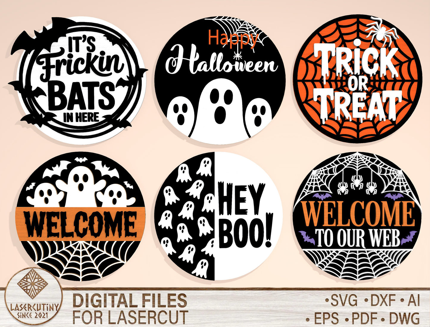 Halloween Round Door Hanger SVG Bundle for Glowforge xTool LightBurn 6 Designs