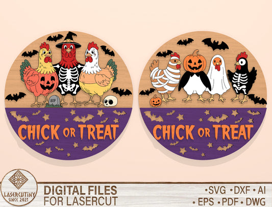 Chick or Treat Halloween Door Hanger SVG Laser Cut File | 2 Funny Chicken Designs | Round Wooden Decor | Glowforge, xTool, LightBurn, etc.