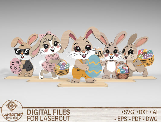 Easter Bunny Stand SVG Bundle Cute Bunny Holding Eggs for Glowforge and xTool