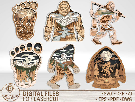 Bigfoot Multilayer SVG Bundle 6 Designs for LightBurn Glowforge xTool