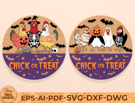 Chick or Treat Halloween Door Hanger SVG Laser Cut File | 2 Funny Chicken Designs | Round Wooden Decor | Glowforge, xTool, LightBurn, etc.