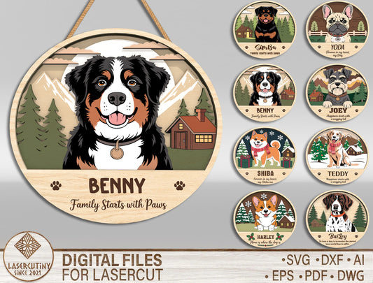 Personalized Dog Door Sign SVG Bundle Custom Pet Portrait Decor Laser Cut File for xTool