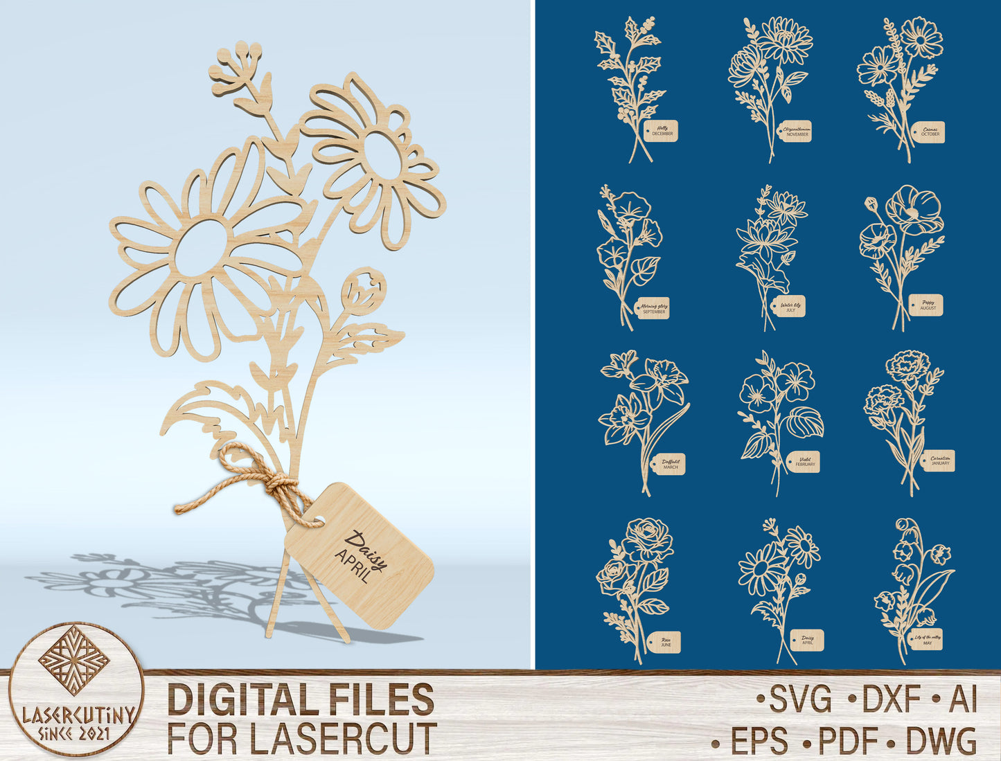 Floral Bouquet Holder SVG Bundle Mother Teacher Gift Laser Cut File for Glowforge and xTool