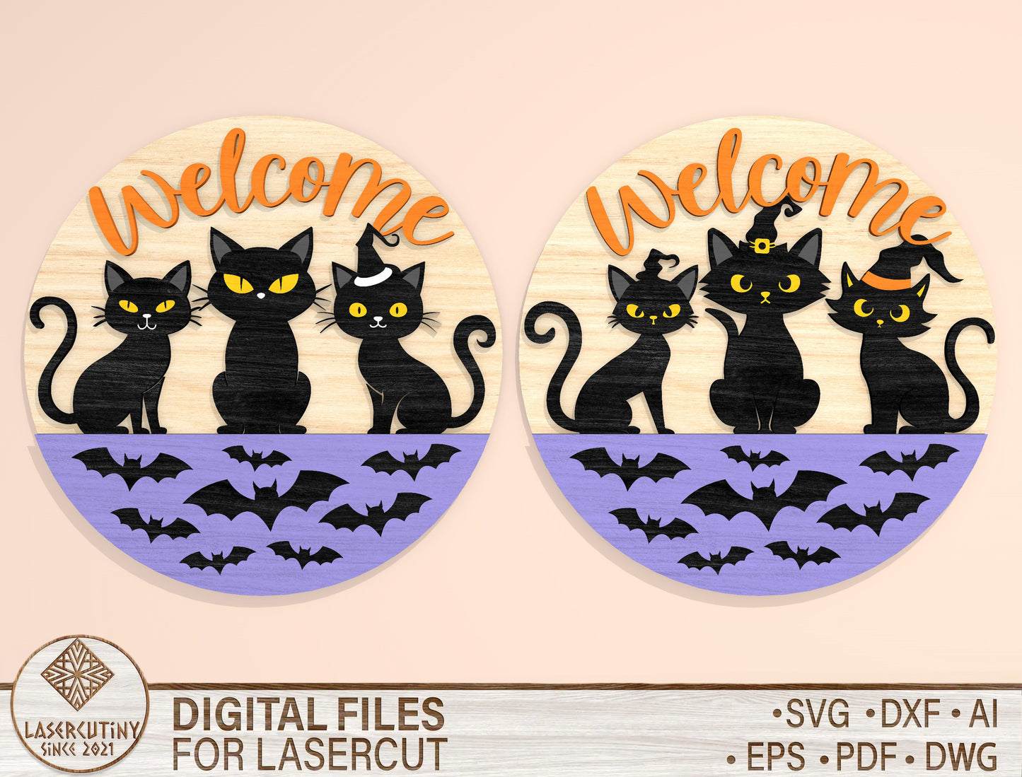 Black Cat Welcome Door Hanger SVG Set for Glowforge xTool LightBurn 2 Designs