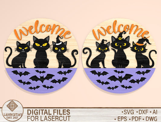 Black Cat Welcome Door Hanger SVG Set for Glowforge xTool LightBurn 2 Designs