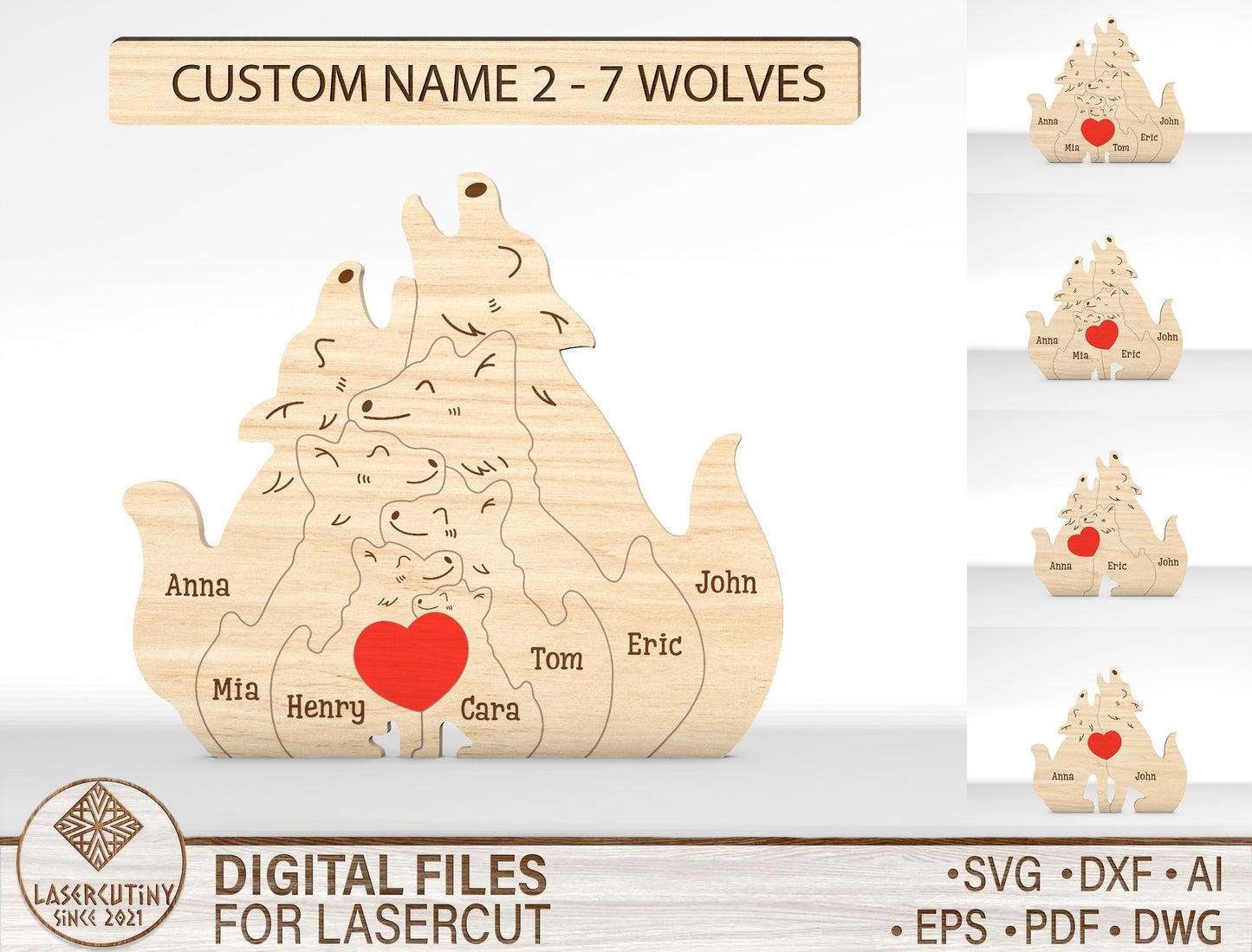 Personalized Family Wolf Puzzle SVG Laser Cut File for xTool and Glowforge