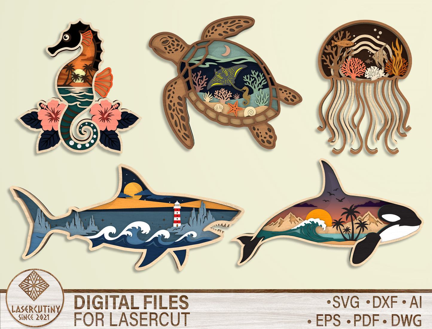 Multilayer Sea Animal SVG Bundle Laser Cut File for xTool and Glowforge