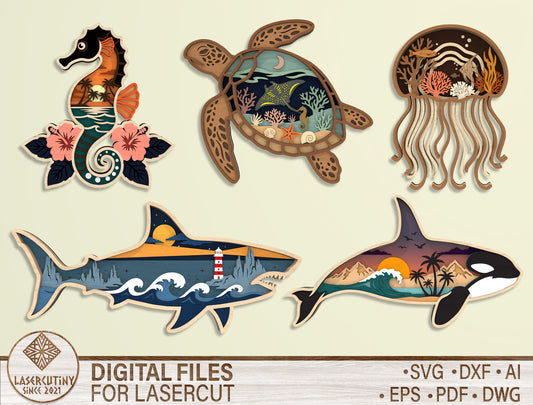 Multilayer Sea Animal SVG Bundle Laser Cut File for xTool and Glowforge