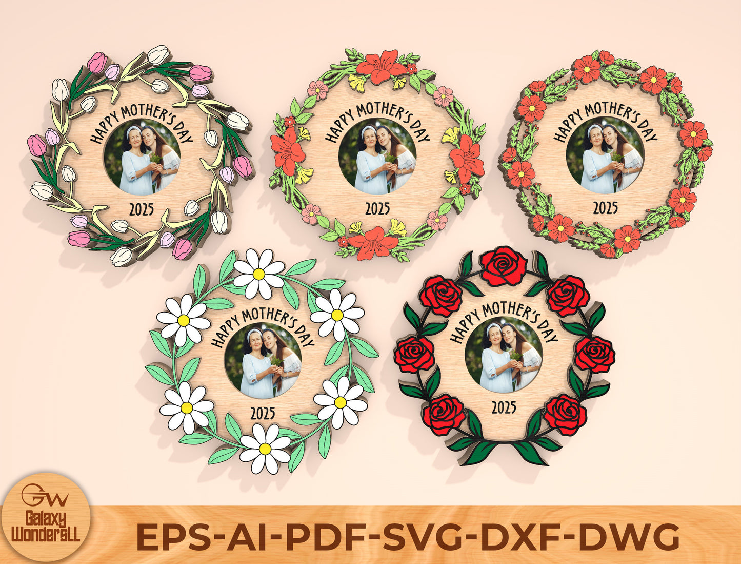 Mother’s Day Floral Wreath Laser Cut File Bundle | Photo Frame Decor | Layered Wooden Circle Designs | Glowforge, xTool, LightBurn, etc.