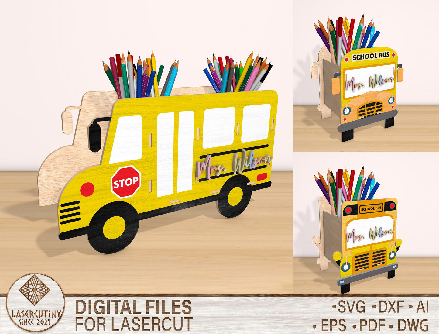 School Bus Pen Holder SVG Bundle Laser Cut File for Glowforge and xTool